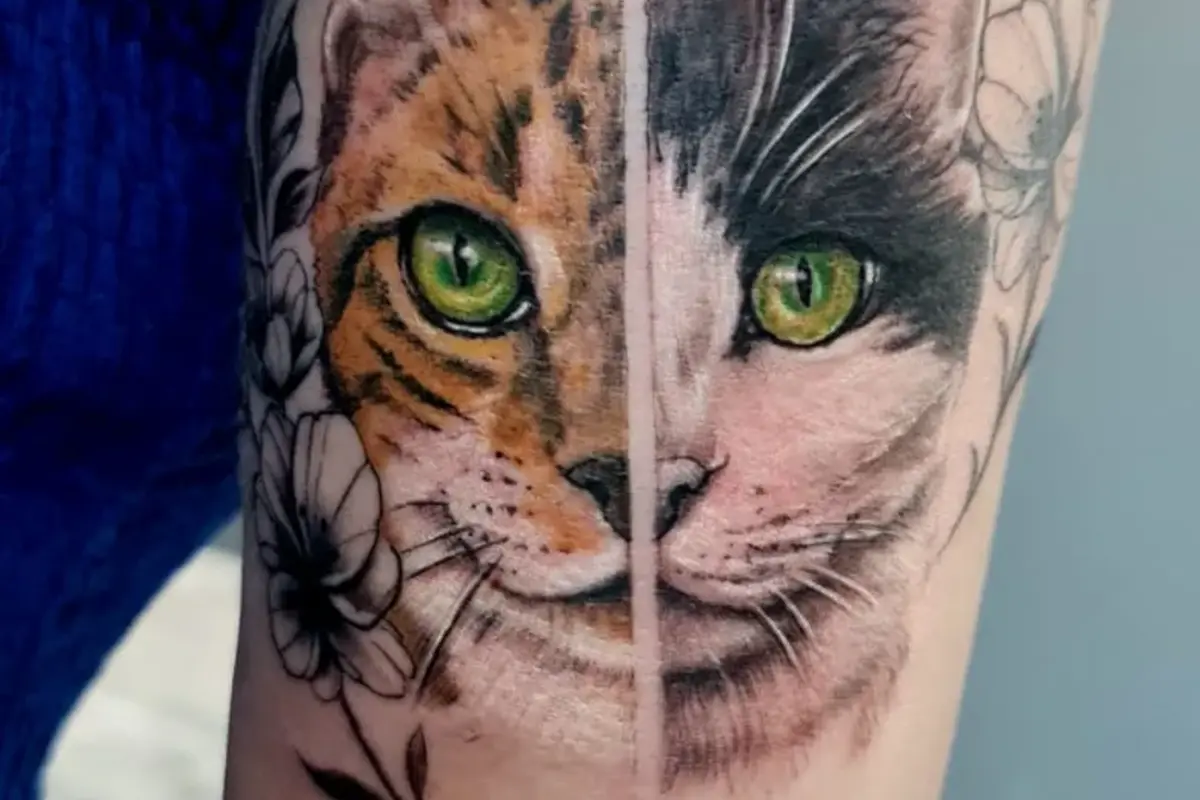 Kolorowy tatuaż przedstawiający kota wykonany w One More Tattoo